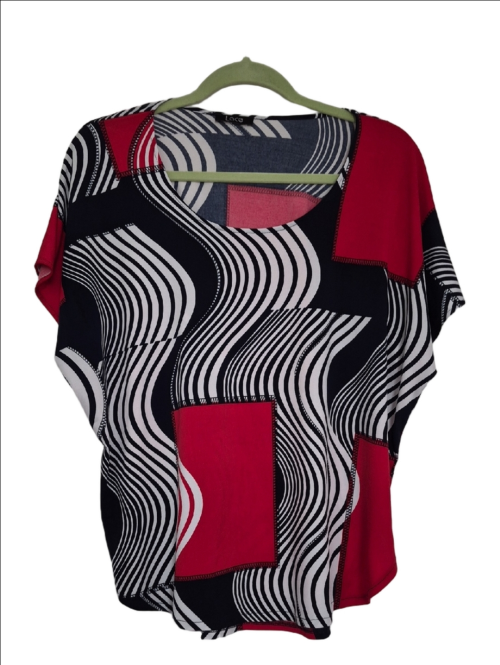 Lace Geo Wave Print Short Sleeve Top - Red, Black & White Large or XL